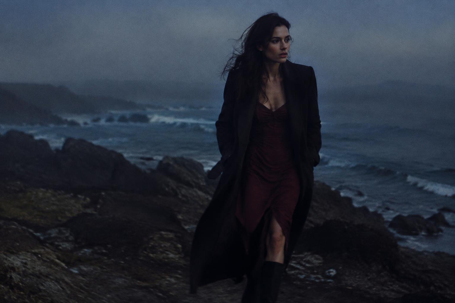 Una mujer con abrigo largo oscuro y vestido color vino camina por una costa con niebla al anochecer